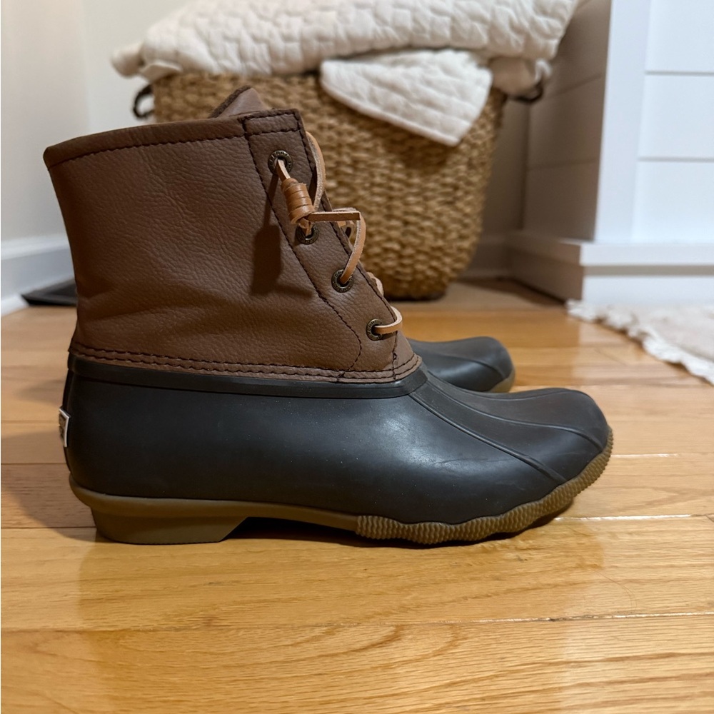Sperry Brown Upper Black Rubber Duck Rain Boots